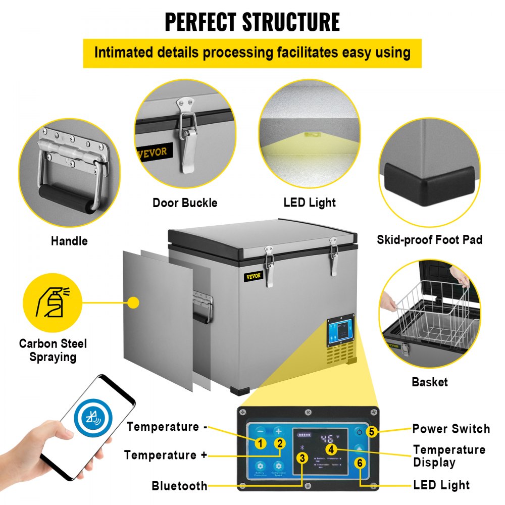 AMITOOLS Portable Refrigerator 48 Quart, 12 volt Refrigerator with Compressor and App Control, Metal Shell Chest Refrigerator, -4℉ to 68℉, DC 12/24V, AC 110-240V（Home & Car Use）