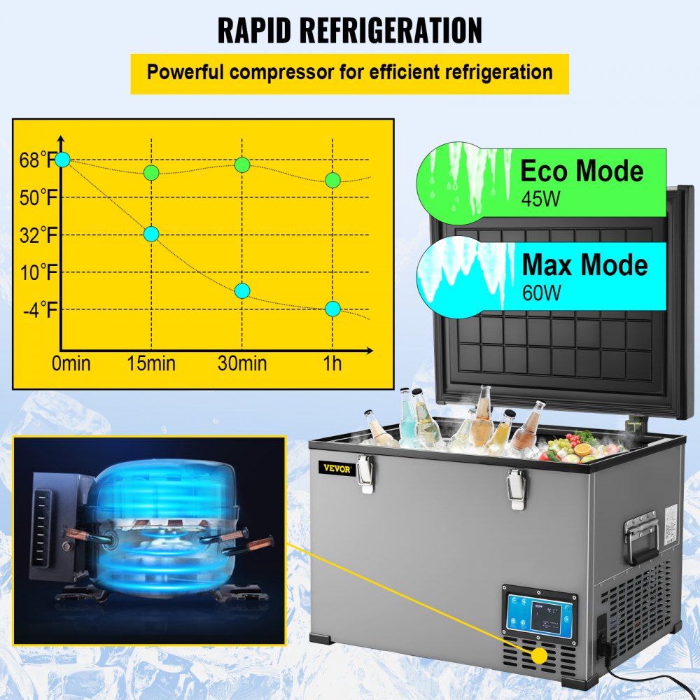 AMITOOLS Portable Refrigerator 64 Quart, 12 Volt Refrigerator with Compressor and App Control, Metal Shell Chest Refrigerator, -4℉ to 68℉, DC 12/24V, AC 110-240V（Home & Car Use）