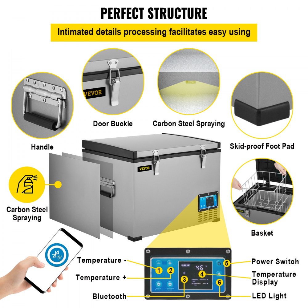 AMITOOLS Portable Refrigerator 64 Quart, 12 Volt Refrigerator with Compressor and App Control, Metal Shell Chest Refrigerator, -4℉ to 68℉, DC 12/24V, AC 110-240V（Home & Car Use）