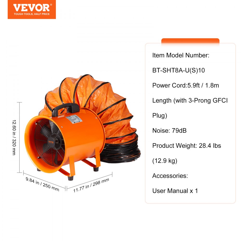 AMITOOLS Portable Ventilator, 8 inch Heavy Duty Cylinder Fan with 33ft Duct Hose, 195W Strong Shop Exhaust Blower 1070CFM, Industrial Utility Blower for Sucking Dust, Smoke, Smoke Home/Workplace