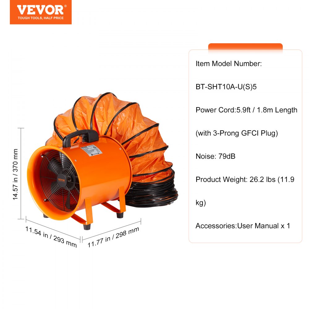 AMITOOLS Portable Ventilator, 10 inch Heavy Duty Cylinder Fan with 16.4ft Duct Hose, 380W Strong Shop Exhaust Blower 1893FM, Industrial Utility Blower for Sucking Dust, Smoke, Smoke Home/Workplace