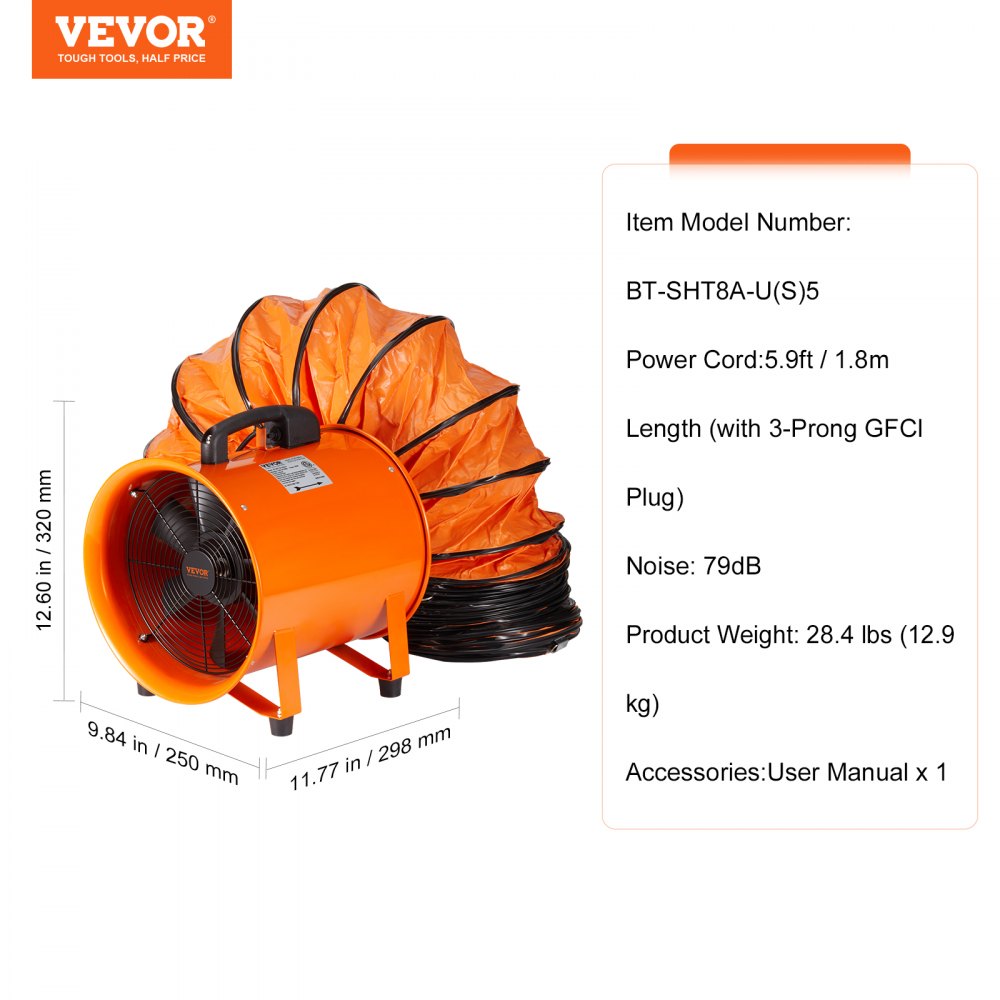 AMITOOLS Portable Ventilator, 8 inch Heavy Duty Cylinder Fan with 16.4ft Duct Hose, 195W Strong Shop Exhaust Blower 1070CFM, Industrial Utility Blower for Sucking Dust, Smoke, Smoke Home/Workplace