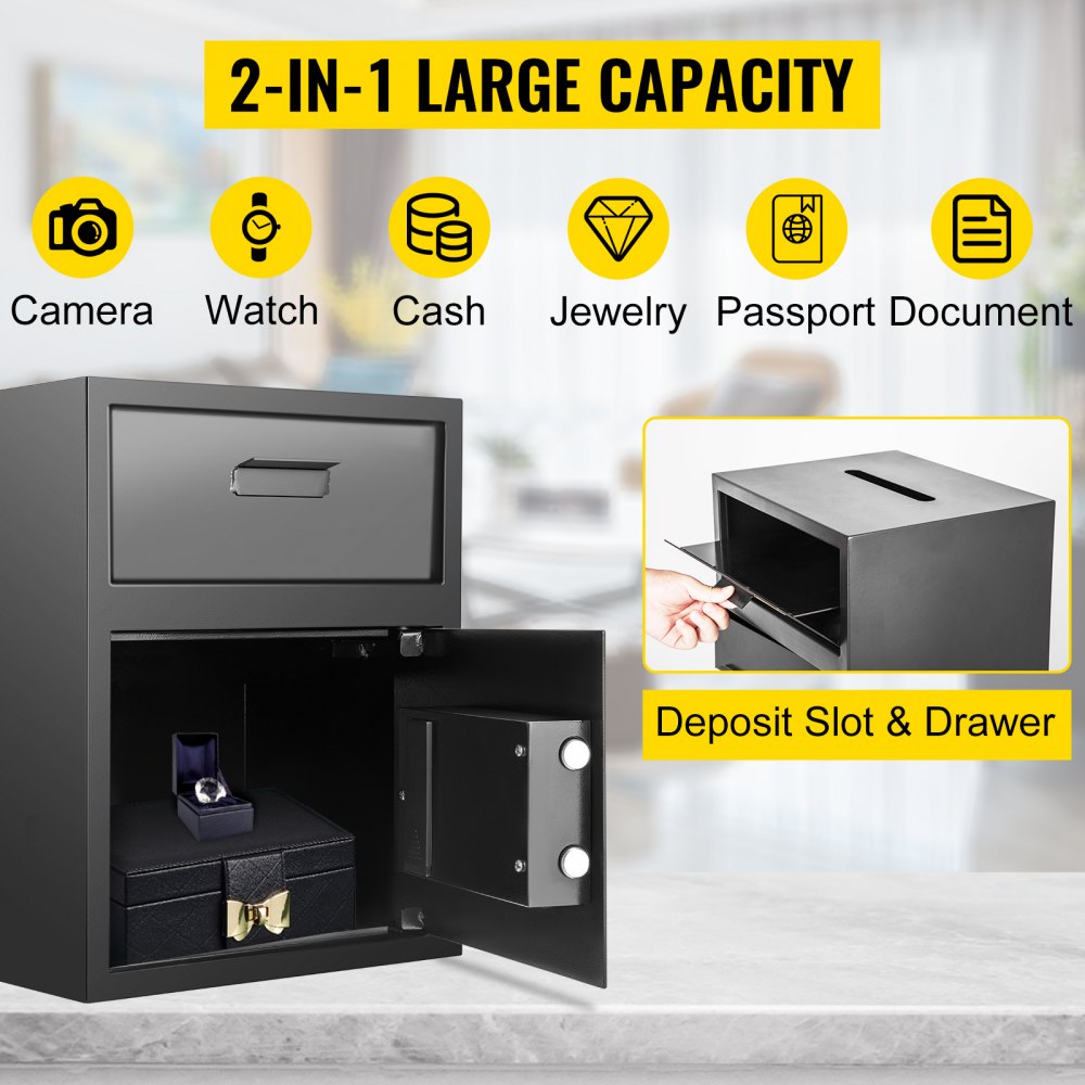 AMITOOLS Digital Depository Safe 1.7 Cubic Feet Made of Carbon Steel Electronic Code Lock Depository Safe with Deposit Slot with Two Emergency Keys Depository Box for Home Hotel Restaurant and Office