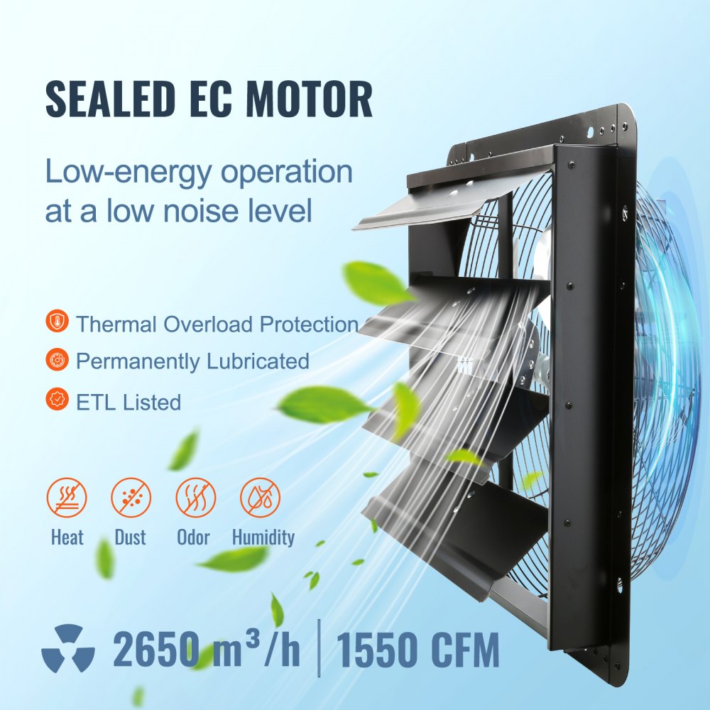 AMITOOLS Shutter Exhaust Fan, 16'' with Temperature Humidity Controller,  EC-motor, 2650 CFM, 10-Speed Adjustable Wall Mount Attic Fan, Ventilation and Cooling for Greenhouses, Garages, Sheds, ETL Listed