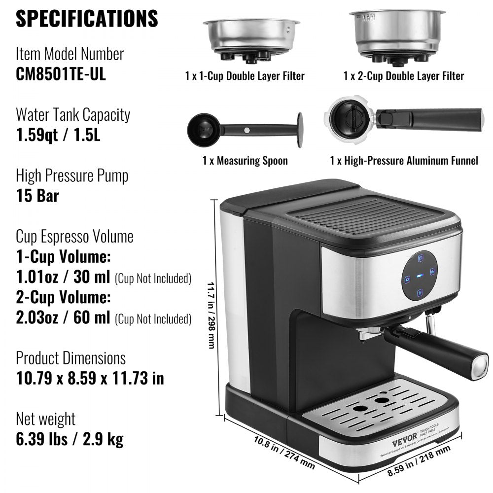 AMITOOLS Espresso Machine, 15 Bar Coffee and Espresso Maker with Milk Frother Steam Wand, Professional Semi-Automatic Cappuccino Latte Machine with Touch Screen & Removable Water Tank, NTC Control System