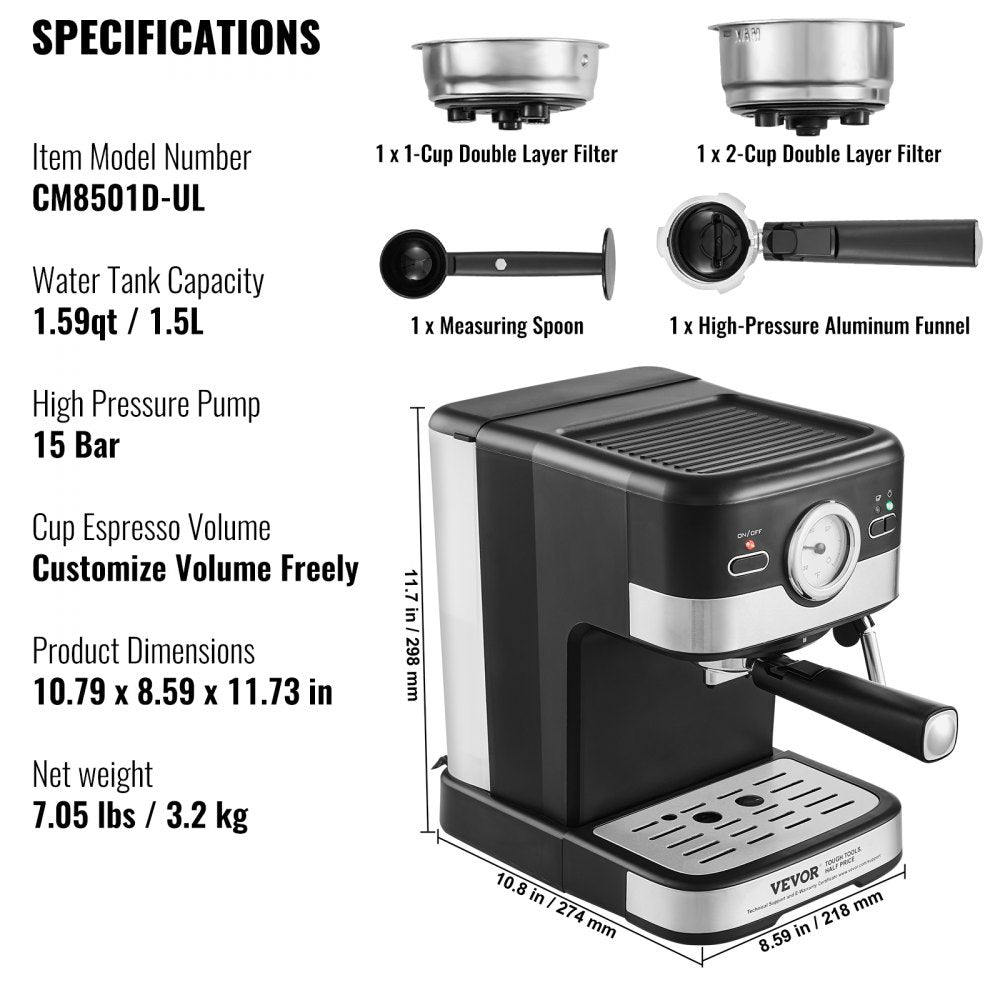 AMITOOLS Espresso Machine, 15 Bar Semi-Automatic Espresso Maker with Milk Frother Steam Wand for Latte and Cappuccino, Professional Coffee Maker with Temp Gauge & Removable Water Tank, NTC Control System