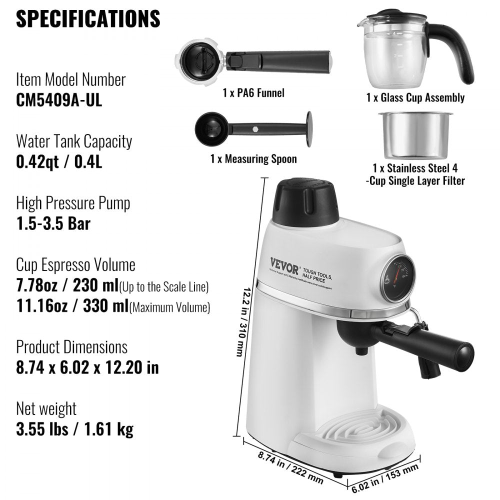 AMITOOLS Espresso Machine, 3.5 Bar Espresso Maker with Milk Frother Steam Wand, 4-Cup Professional Coffee/Espresso Machine with Temp Gauge & Removable Water Tank for Latte Cappuccino, NTC Control System