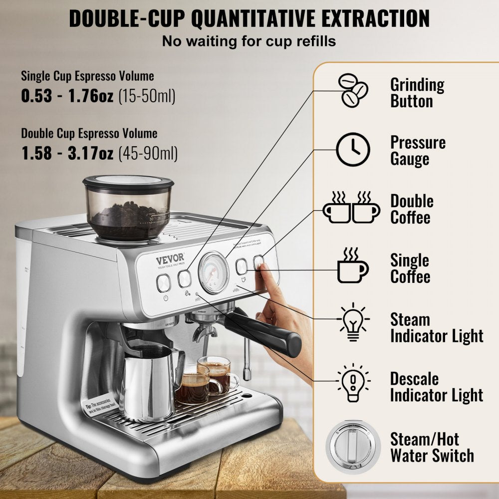 AMITOOLS Espresso Machine with Grinder, 15 Bar Semi-Automatic Espresso Coffee Maker with Milk Frother Steam Wand, Removable Water Tank & Pressure Gauge for Cappuccino, Latte, Machiato, PID Control System