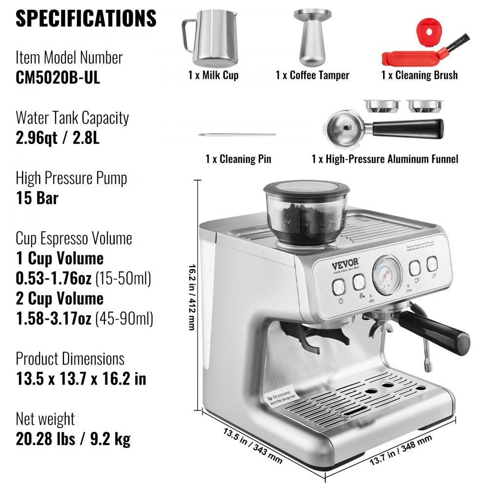 AMITOOLS Espresso Machine with Grinder, 15 Bar Semi-Automatic Espresso Coffee Maker with Milk Frother Steam Wand, Removable Water Tank & Pressure Gauge for Cappuccino, Latte, Machiato, PID Control System