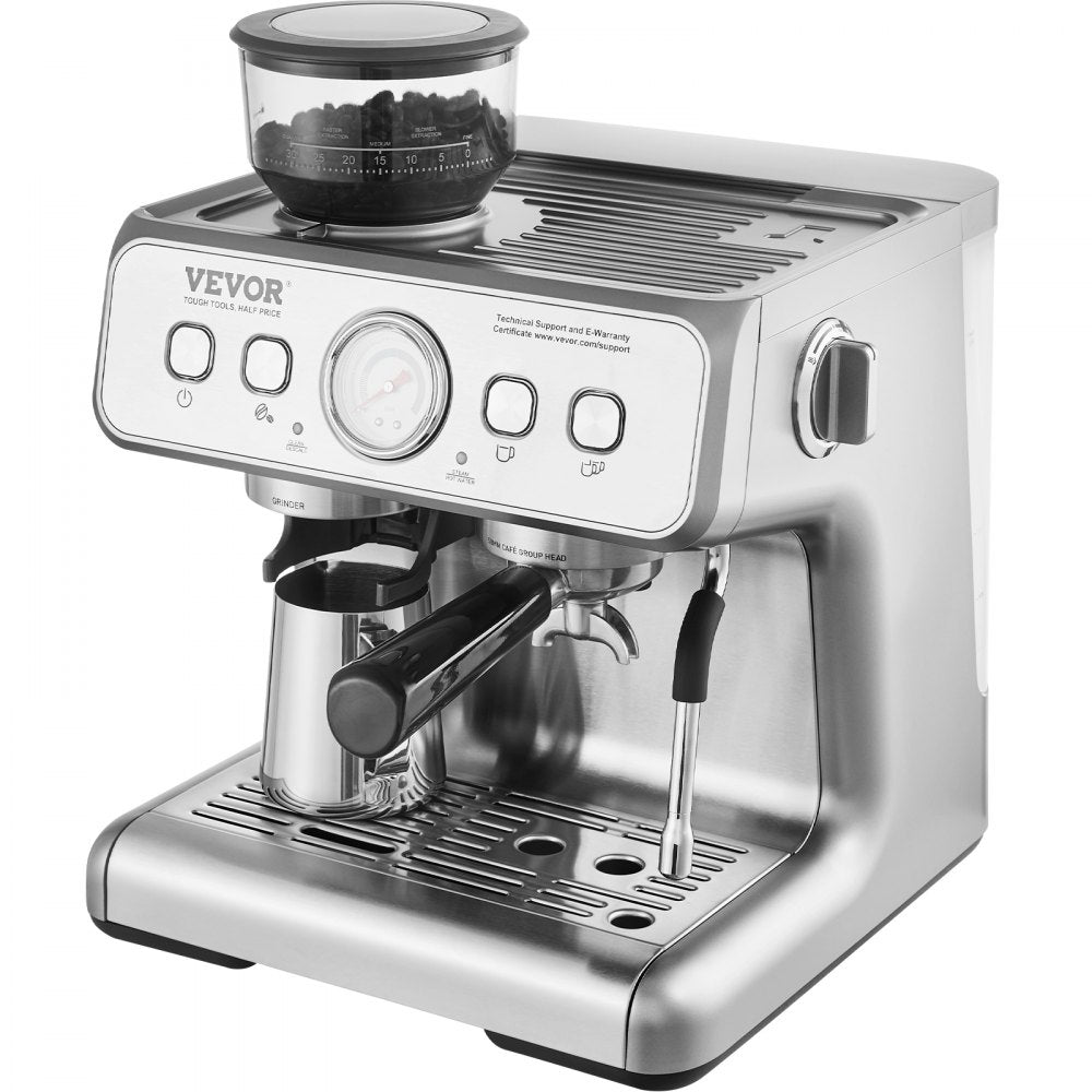 AMITOOLS Espresso Machine with Grinder, 15 Bar Semi-Automatic Espresso Coffee Maker with Milk Frother Steam Wand, Removable Water Tank & Pressure Gauge for Cappuccino, Latte, Machiato, PID Control System