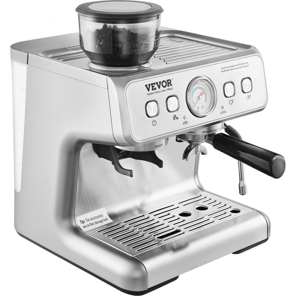 AMITOOLS Espresso Machine with Grinder, 15 Bar Semi-Automatic Espresso Coffee Maker with Milk Frother Steam Wand, Removable Water Tank & Pressure Gauge for Cappuccino, Latte, Machiato, PID Control System