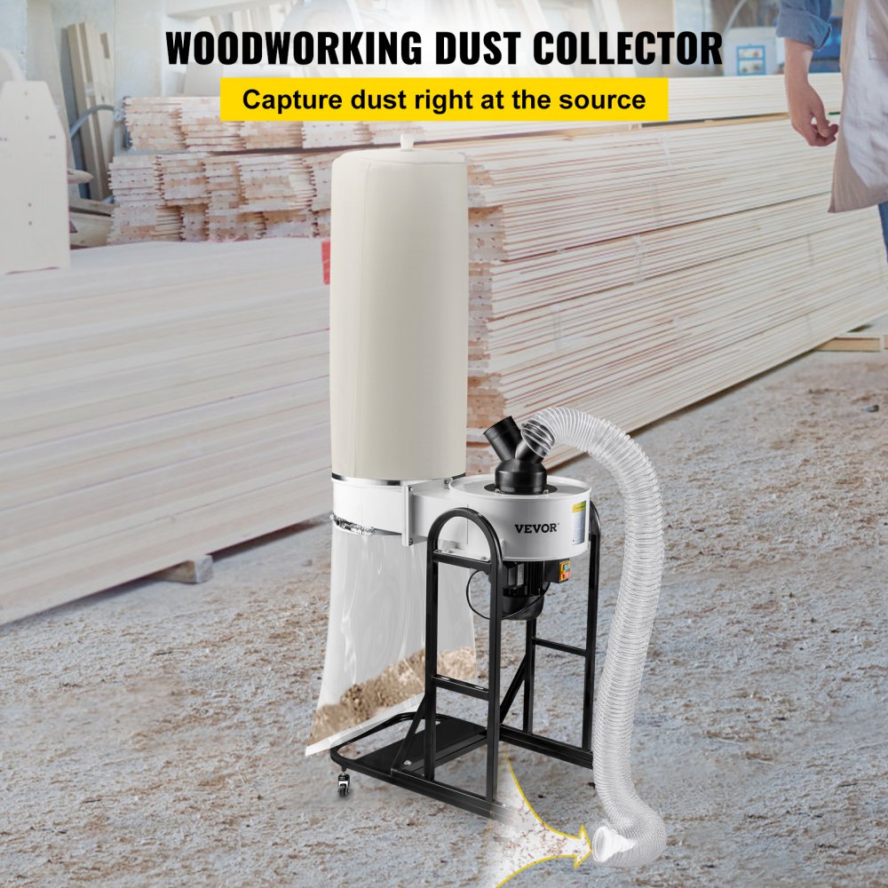 AMITOOLS 1.5 HP Dust Collector, 647 CFM Portable Vortex Dust Collector, Woodworking Dust Collector with 13.2-Gallon Collection Bag and Mobile Base, 220V Dust Collection System 25-Micron Canister Kit