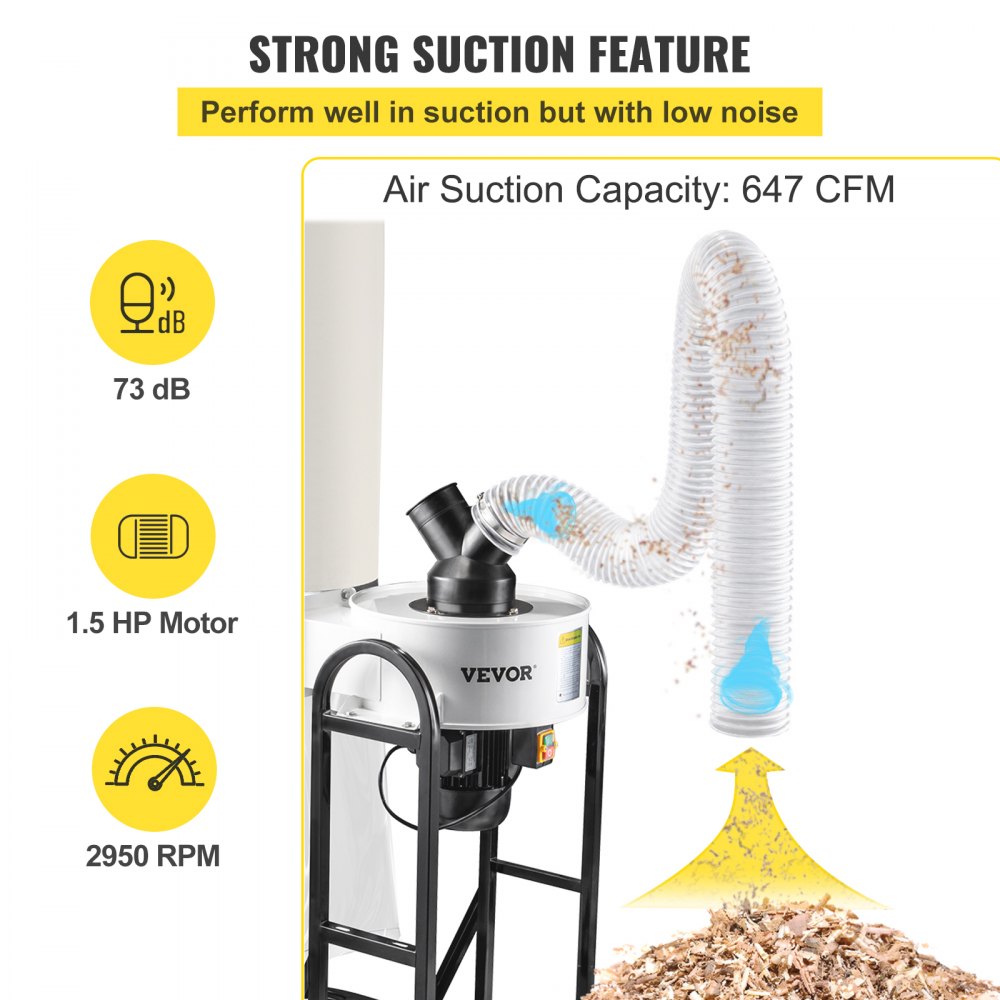 AMITOOLS 1.5 HP Dust Collector, 647 CFM Portable Vortex Dust Collector, Woodworking Dust Collector with 13.2-Gallon Collection Bag and Mobile Base, 220V Dust Collection System 25-Micron Canister Kit