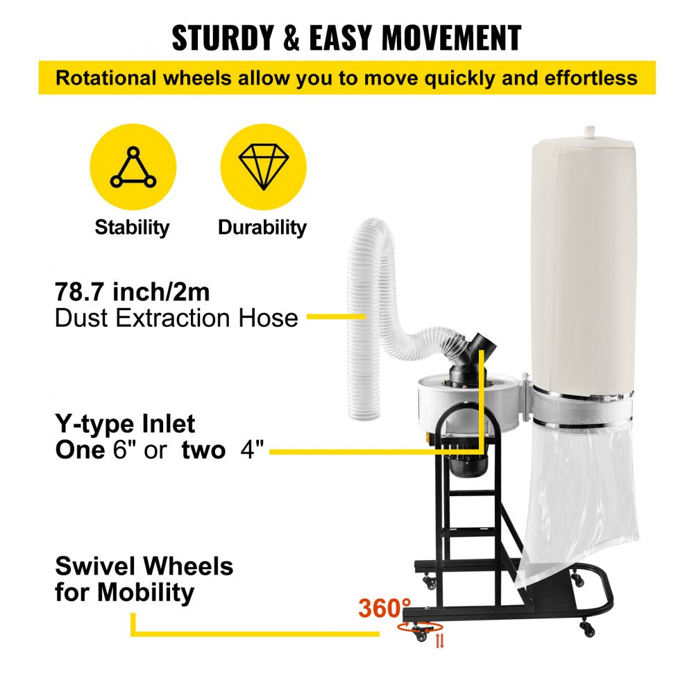 AMITOOLS 1.5 HP Dust Collector, 647 CFM Portable Vortex Dust Collector, Woodworking Dust Collector with 13.2-Gallon Collection Bag and Mobile Base, 220V Dust Collection System 25-Micron Canister Kit