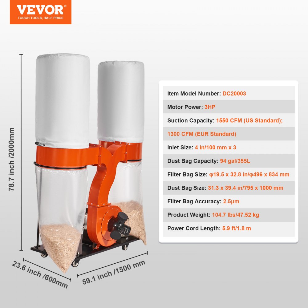 AMITOOLS 3HP Dust Collector with 2800 CFM Air Flow Bag Dust Collector 110V Portable Dust Collector 5 Micron Bag Filtration