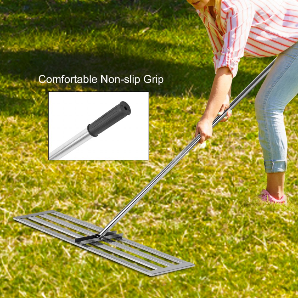 AMITOOLS Lawn Leveler Tool 17 x 10 in, Lawn Leveling Rake with 77 in Long Handle, Soil Leveling Tool Stainless Steel, Leveling Soil Dirt or Sand Ground Surface for Yard Garden Ground and Golf Lawn