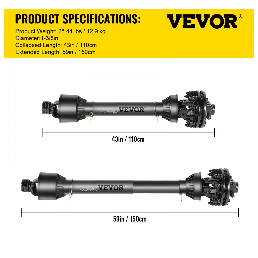 AMITOOLS PTO Shaft, 1-3/8” 6 Spline Tractor and Implement Ends PTO Driveline Shaft, Series 4 Tractor PTO Shaft, 43”-59” Brush Hog PTO Shaft with Slip Clutch Black, for Finish Mower, Rotary Cutter