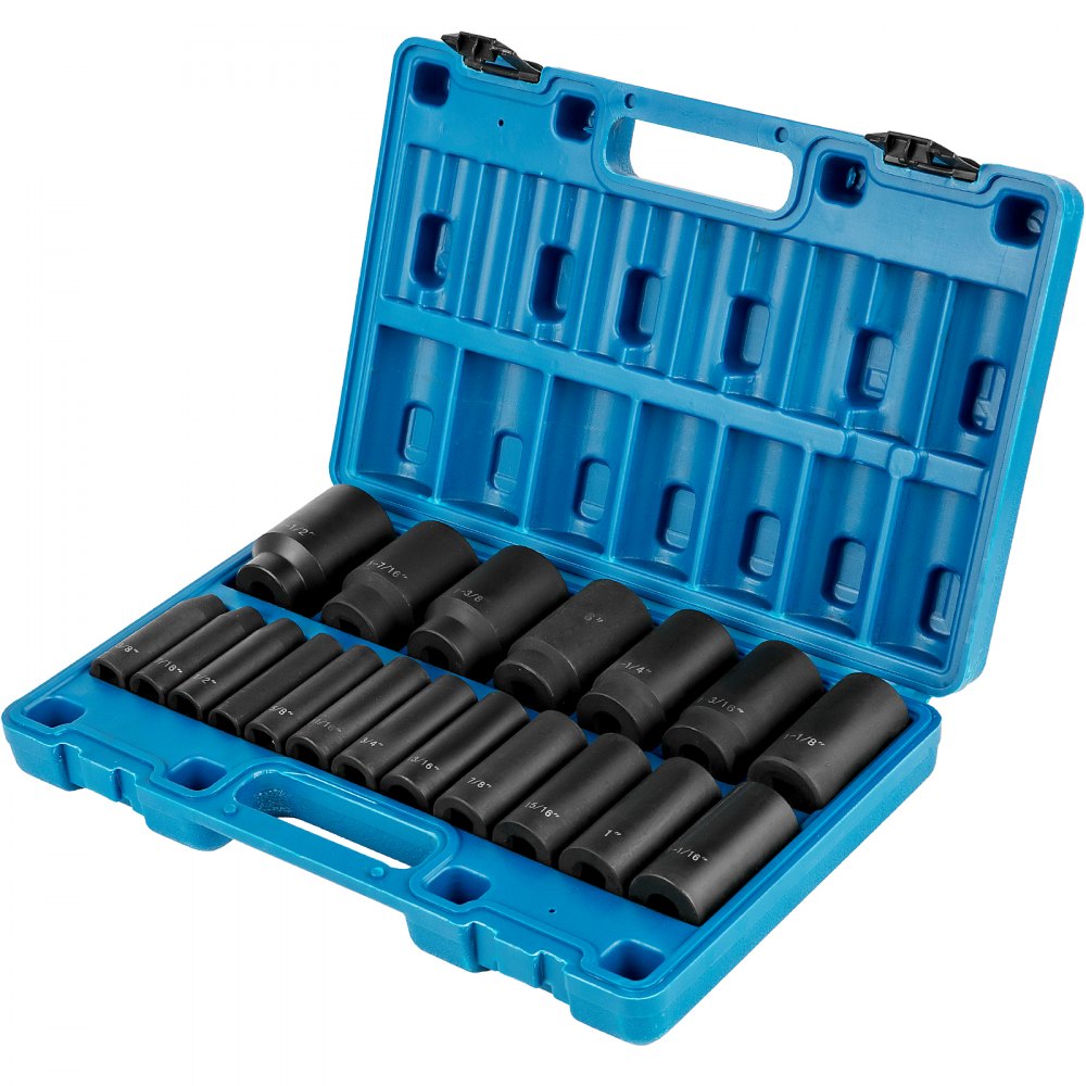 AMITOOLS Impact Socket Set 1/2 Inches 19 Piece Impact Sockets, Deep Socket, 6-Point Sockets, Rugged Construction, Cr-V, 1/2 Inches Drive Socket Set Impact 3/8 inch - 1-1/2 inch, with a Storage Cage