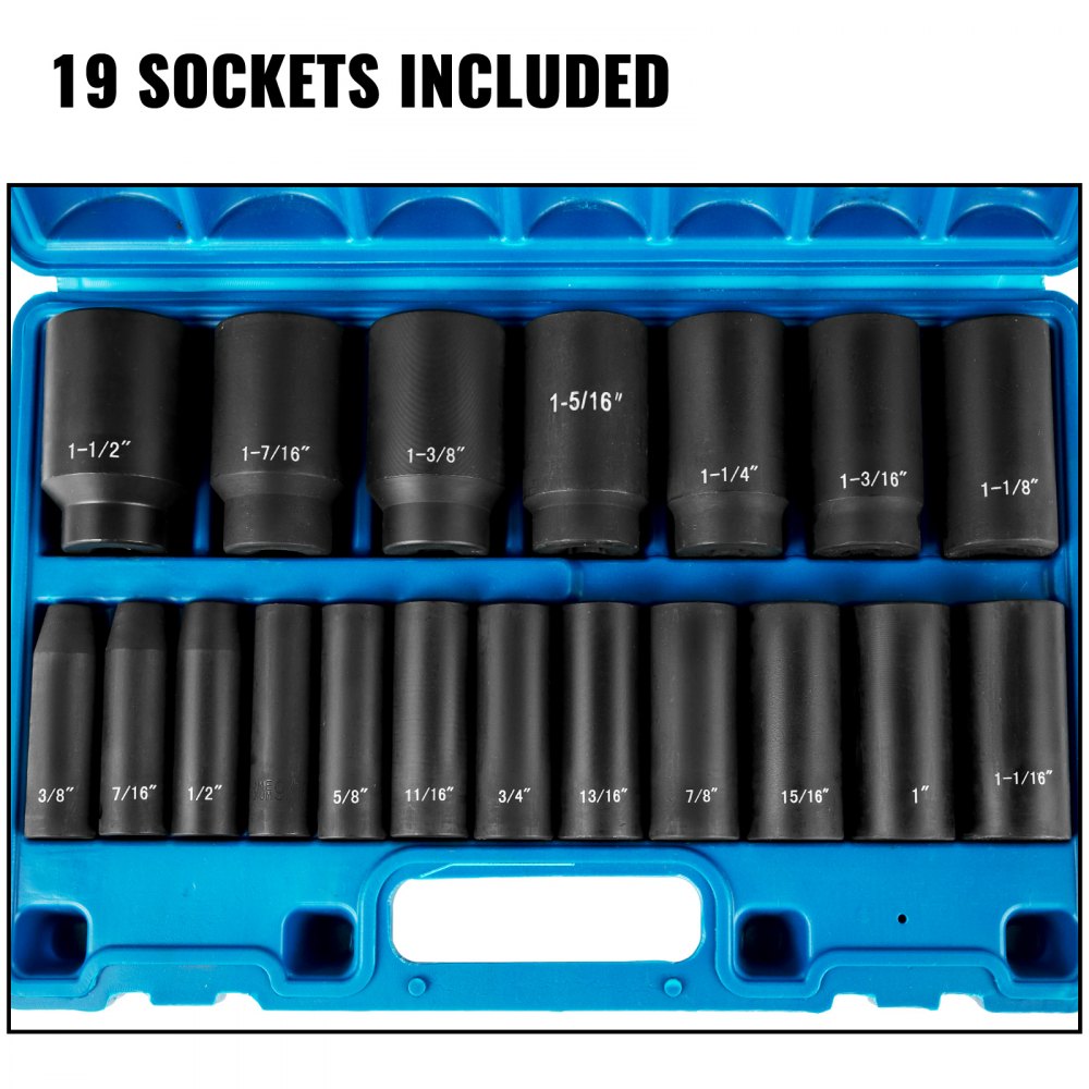 AMITOOLS Impact Socket Set 1/2 Inches 19 Piece Impact Sockets, Deep Socket, 6-Point Sockets, Rugged Construction, Cr-V, 1/2 Inches Drive Socket Set Impact 3/8 inch - 1-1/2 inch, with a Storage Cage