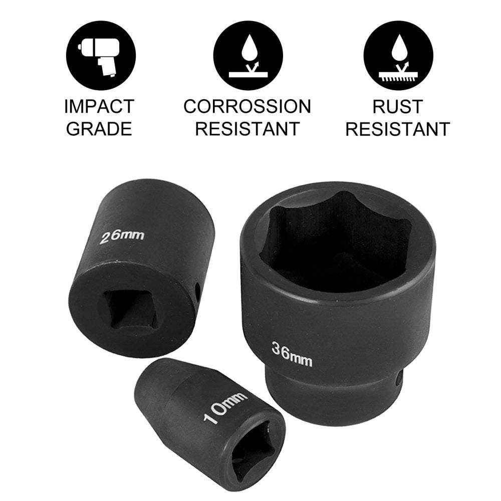 AMITOOLS Impact Socket Set 1/2 Inches 26 Piece Impact Sockets, Shallow Socket, 6-Point Sockets, Rugged Construction, CR-M0, 1/2 Inches Drive Socket Set Impact Metric 10mm - 36mm, with a Storage Cage