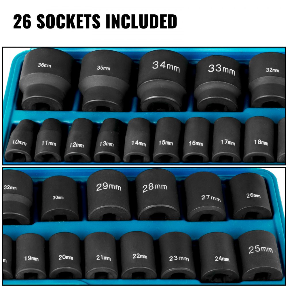 AMITOOLS Impact Socket Set 1/2 Inches 26 Piece Impact Sockets, Shallow Socket, 6-Point Sockets, Rugged Construction, CR-M0, 1/2 Inches Drive Socket Set Impact Metric 10mm - 36mm, with a Storage Cage