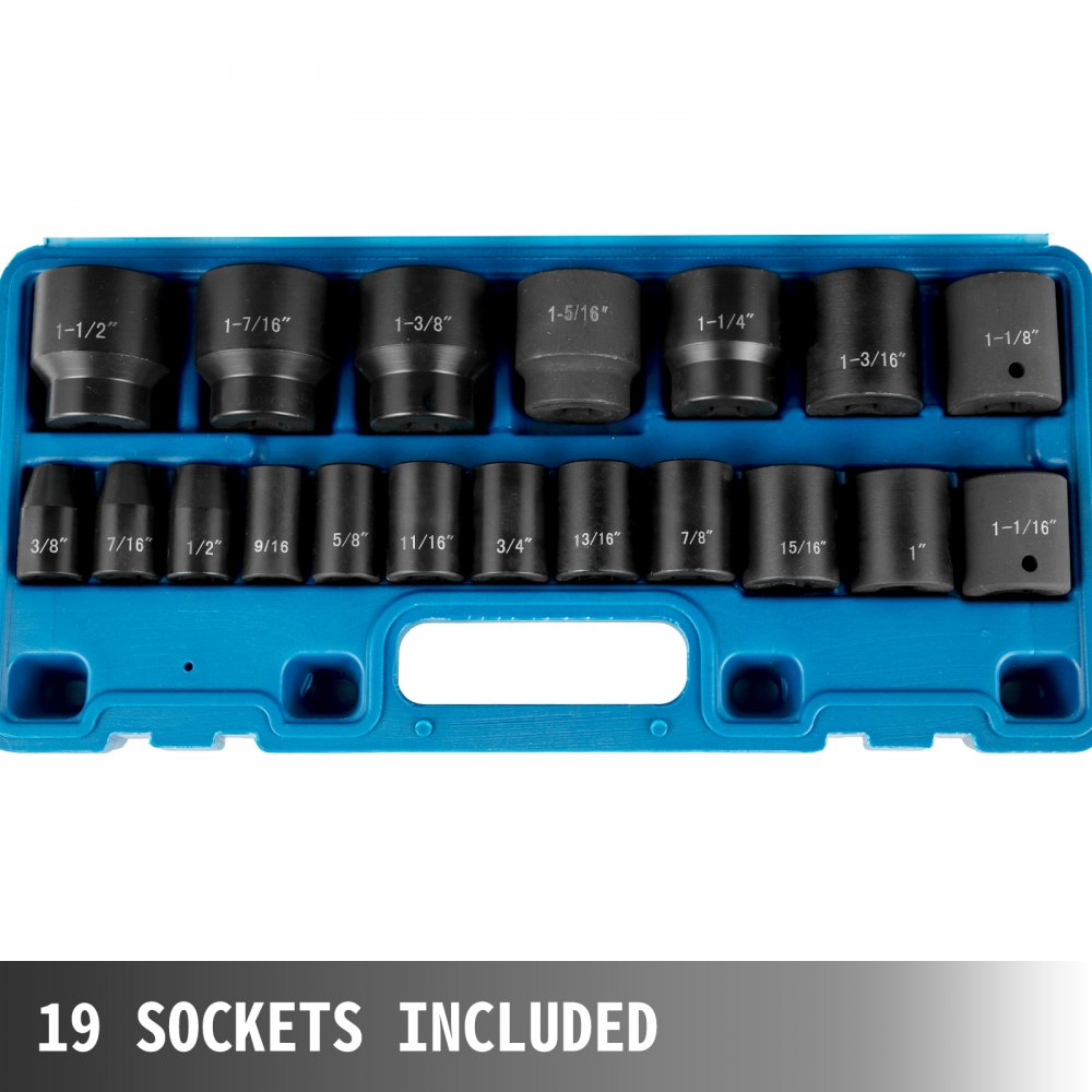 AMITOOLS Impact Socket Set 1/2 Inches 19 Piece Impact Sockets, Standard Socket Assortment, 1/2 Inches Drive Socket Set Impact Standard SAE (3/8 Inches to 1-1/2 Inches) 6-point Hex Sockets