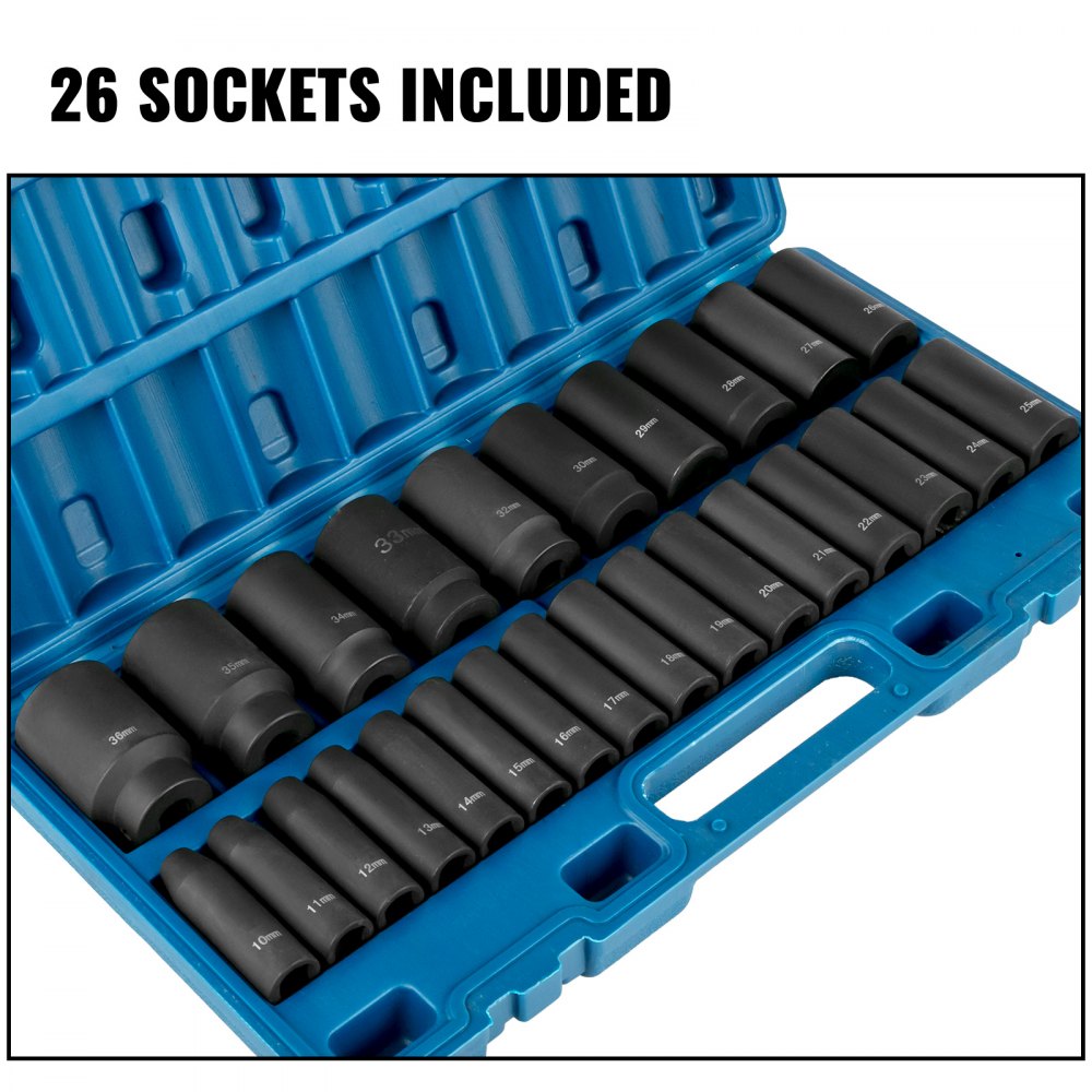 AMITOOLS Impact Socket Set 1/2 Inches 26 Piece Impact Sockets, Deep Socket, 6-Point Sockets, Rugged Construction, Cr-V, 1/2 Inches Drive Socket Set Impact Metric 10mm - 36mm, with a Storage Cage