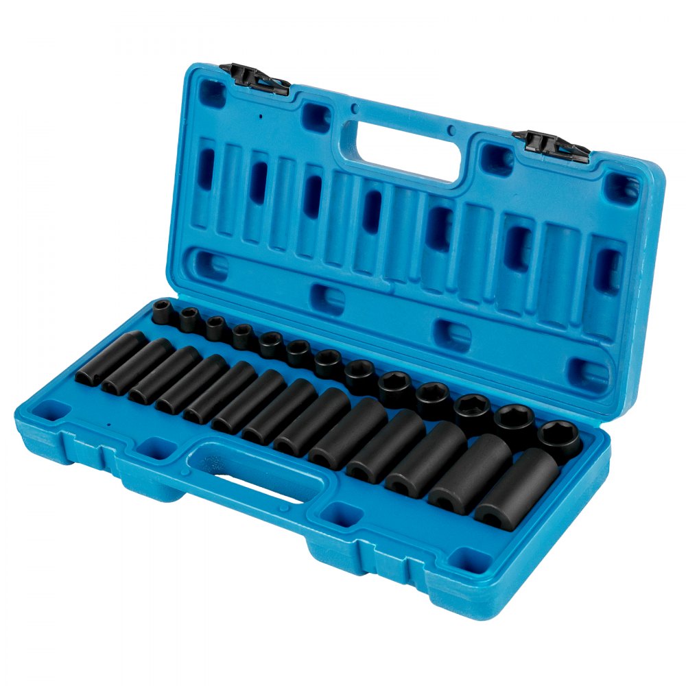 AMITOOLS Impact Socket Set 3/8 Inches 26 Piece Impact Sockets, Deep / Standard Socket, 6-Point Sockets, Rugged Construction, Cr-V Socket Set Impact Metric 7mm - 19mm, with a Storage Cage