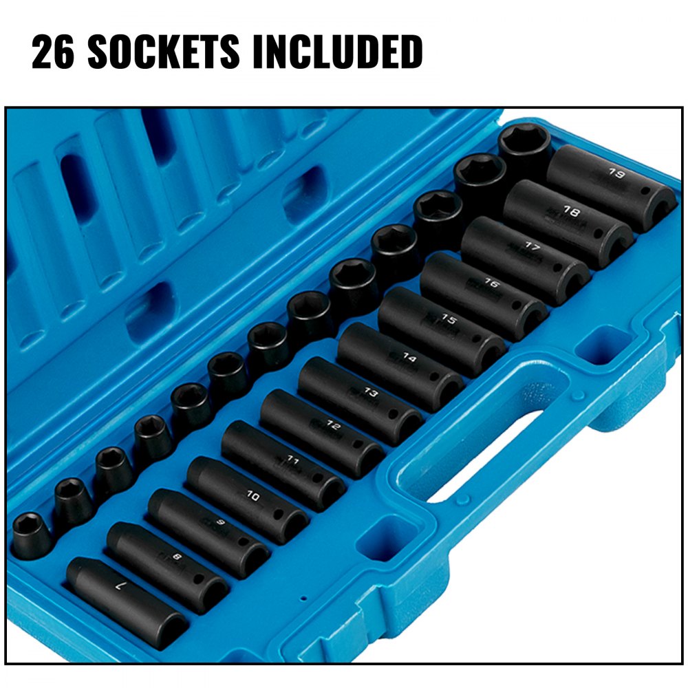 AMITOOLS Impact Socket Set 3/8 Inches 26 Piece Impact Sockets, Deep / Standard Socket, 6-Point Sockets, Rugged Construction, Cr-V Socket Set Impact Metric 7mm - 19mm, with a Storage Cage