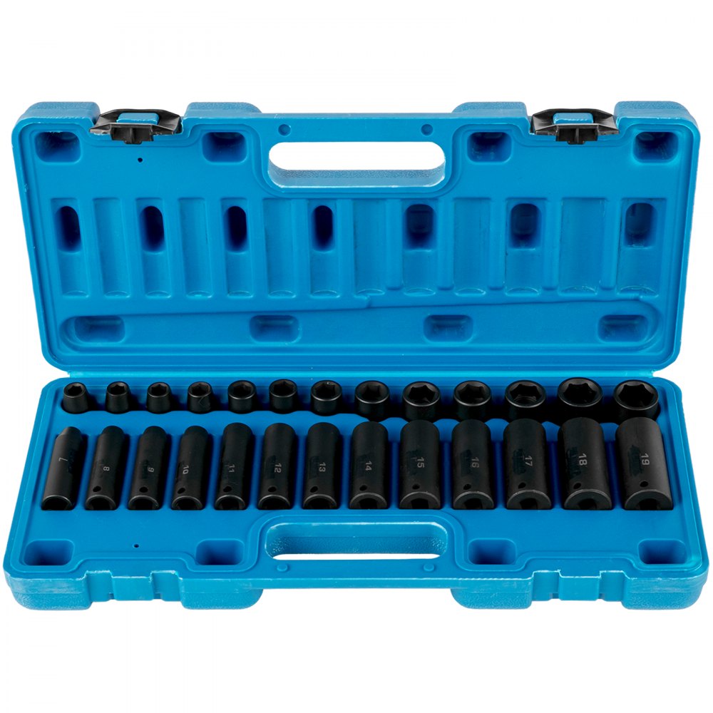 AMITOOLS Impact Socket Set 3/8 Inches 26 Piece Impact Sockets, Deep / Standard Socket, 6-Point Sockets, Rugged Construction, Cr-V Socket Set Impact Metric 7mm - 19mm, with a Storage Cage