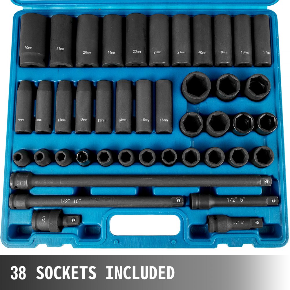 AMITOOLS Impact Socket Set 1/2 Inches 43 Piece Impact Sockets, Standard Socket Assortment, 1/2 Inches Drive Socket Set 6-Point Sockets Metric 9-30mm (Standard/Deep)