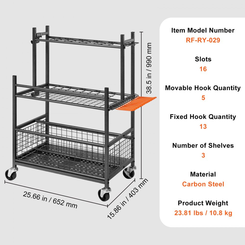 AMITOOLS Garden Tool Organizer, 16 Slots with Hooks, Yard Tool Tower Rack with Wheels for Garage Organization and Storage, Hold Long-Handled Tool/Rake/Broom, Metal Tool Stand Holder for Shed, Outdoor