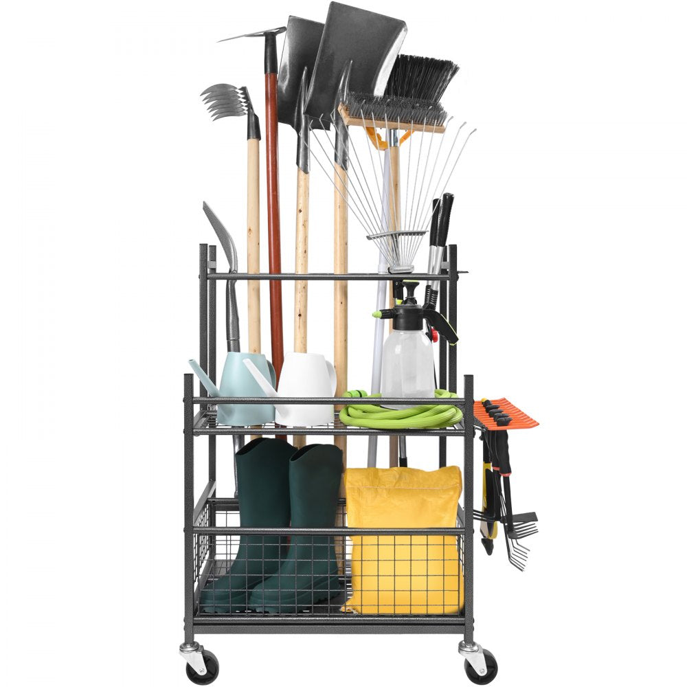 AMITOOLS Garden Tool Organizer, 16 Slots with Hooks, Yard Tool Tower Rack with Wheels for Garage Organization and Storage, Hold Long-Handled Tool/Rake/Broom, Metal Tool Stand Holder for Shed, Outdoor