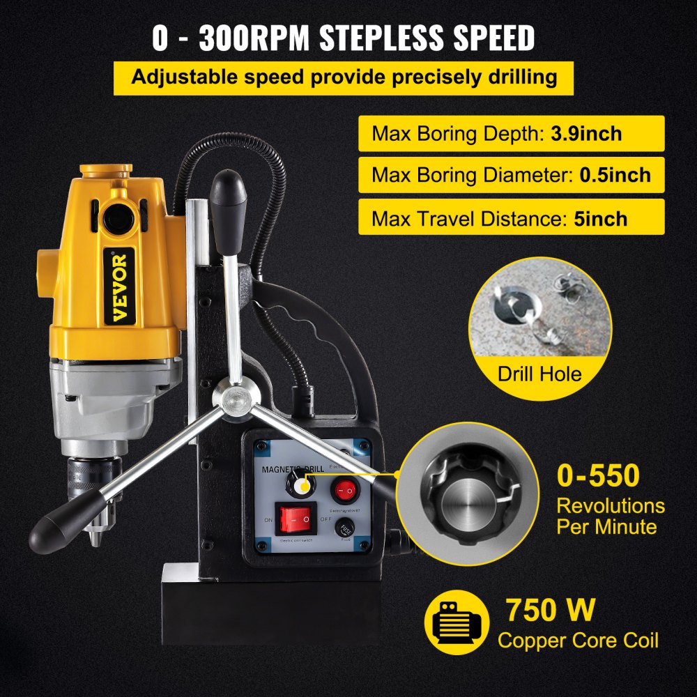 AMITOOLS Mag Drill, 0-550 RPM Stepless Speed Electromagnetic Drill Press, 3.9