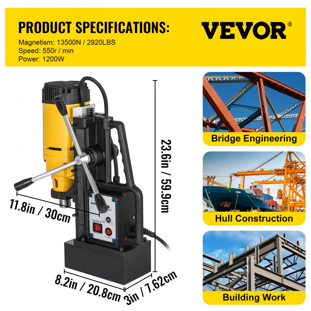 AMITOOLS 1200W Magnetic Drill Press with 9/10 Inch (23mm) Boring Diameter Magnetic Drill Press Machine 2920 Lbs Magnetic Force Magnetic Drilling System 500RPM Portable Electric Magnetic Drill Press