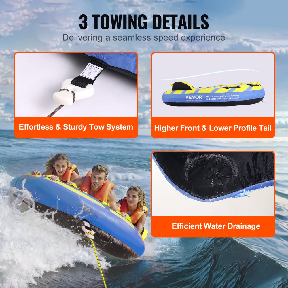 AMITOOLS Towable Tube for Boating, 1-3 Riders Inflatable Towable Tube with Bumper Fins, 510 lbs Water Sport Towable Tubes for Boats to Pull, Full Nylon Cover, EVA Grab Handles and Speed Safety Valve