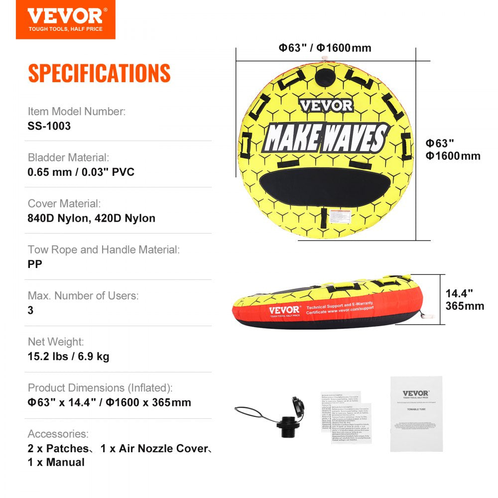 AMITOOLS Towable Tube for Boating, 1-3 Riders Inflatable Boat Tubes and Towables, 510 lbs, 63