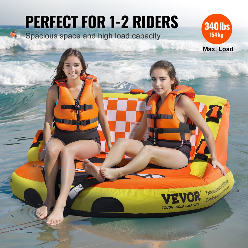 AMITOOLS Towable Tube for Boating, 1-2 Riders Inflatable Towable Tubes with Deck Seats and Backrest, 340 lbs Water Sport Tube for Boat to Pull, Full Nylon Cover, EVA Grab Handles and Speed Safety Valve