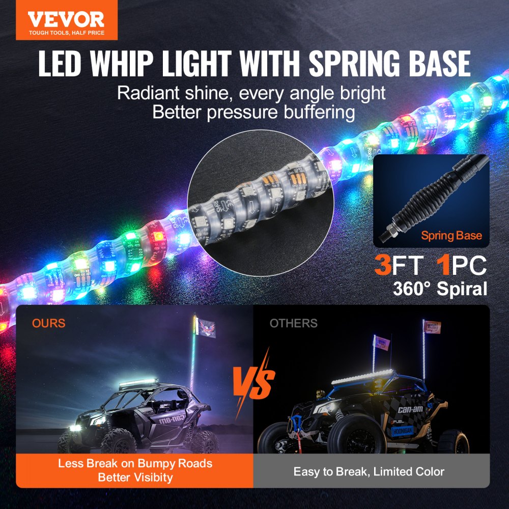 AMITOOLS 1 PC 3 FT Whip Light with Spring Base, Led Whip Light with APP & Remote Control, Waterproof 360° Spiral RGB Chasing Lighted Whip with 2 Flags, for UTVs, ATVs, Motorcycles, RZR, Can-am, Go-karts