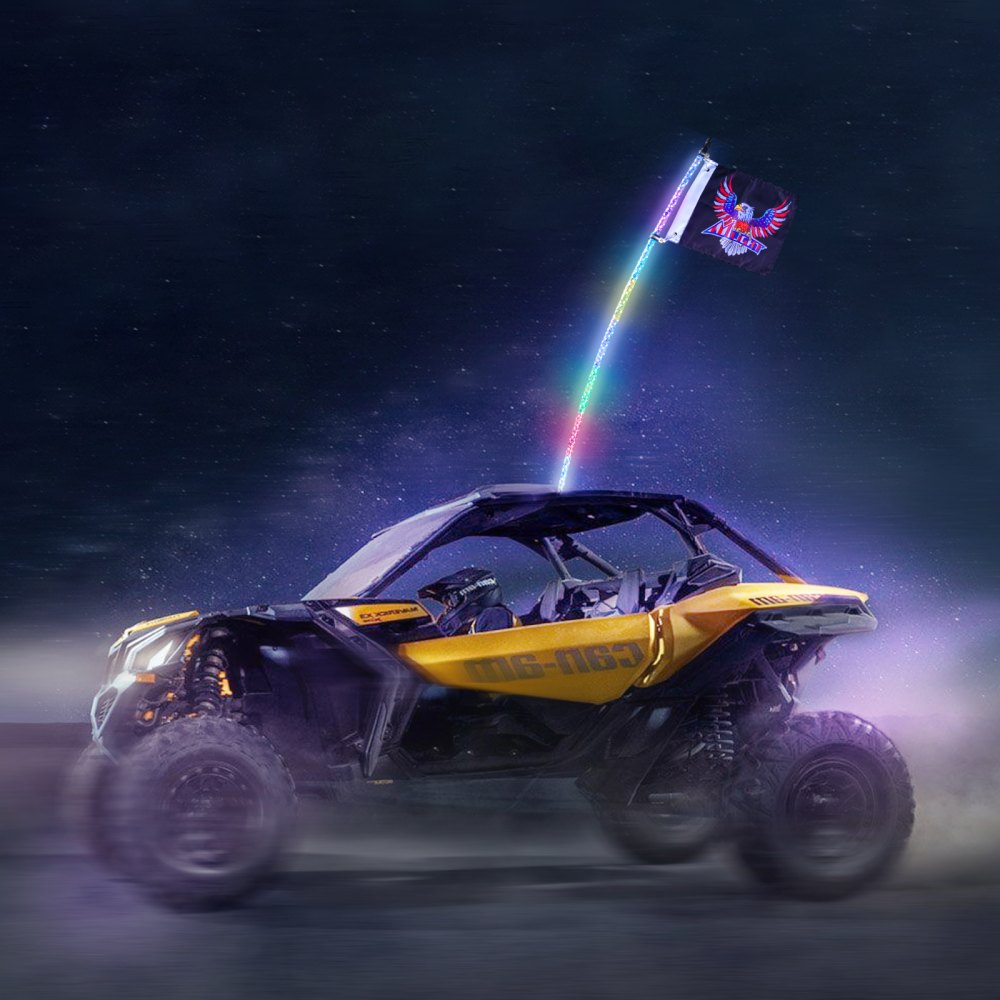 AMITOOLS 1 PC 3 FT Whip Light with Spring Base, Led Whip Light with APP & Remote Control, Waterproof 360° Spiral RGB Chasing Lighted Whip with 2 Flags, for UTVs, ATVs, Motorcycles, RZR, Can-am, Go-karts