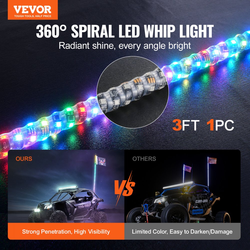 AMITOOLS 1 PC 3 FT Whip Light, APP & RF Remote Control Led Whip Light, Waterproof 360° Spiral RGB Chasing Lighted Whips with 2 Flags, for UTVs, ATVs, Motorcycles, RZR, Can-am, Trucks, Off-road, Go-karts