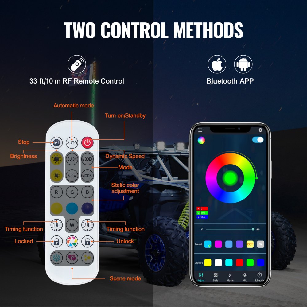 AMITOOLS 1 PC 3 FT Whip Light, APP & RF Remote Control Led Whip Light, Waterproof 360° Spiral RGB Chasing Lighted Whips with 2 Flags, for UTVs, ATVs, Motorcycles, RZR, Can-am, Trucks, Off-road, Go-karts