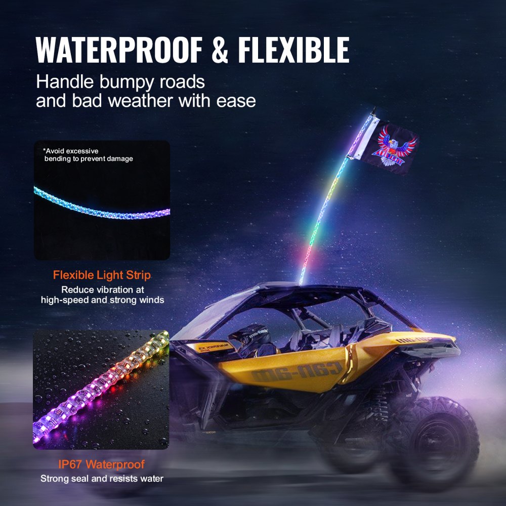 AMITOOLS 1 PC 3 FT Whip Light, APP & RF Remote Control Led Whip Light, Waterproof 360° Spiral RGB Chasing Lighted Whips with 2 Flags, for UTVs, ATVs, Motorcycles, RZR, Can-am, Trucks, Off-road, Go-karts