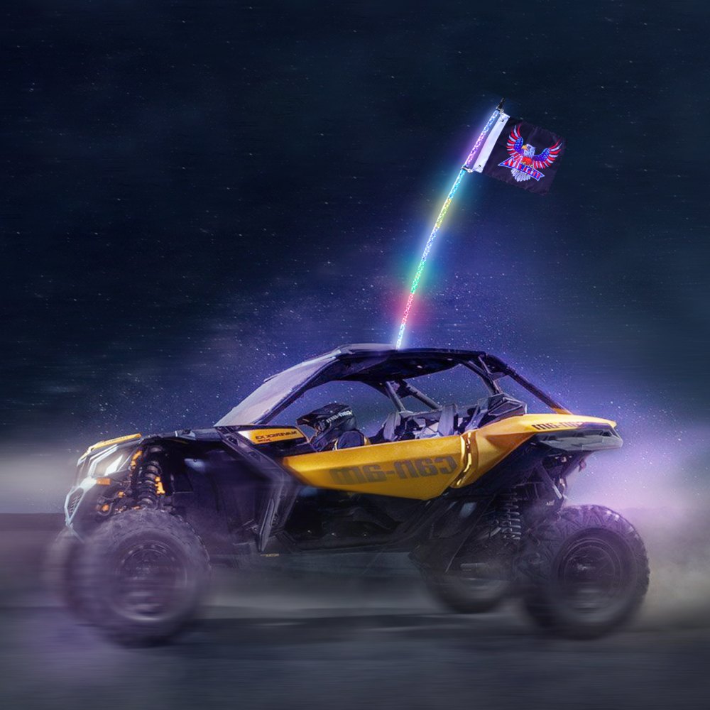 AMITOOLS 1 PC 3 FT Whip Light, APP & RF Remote Control Led Whip Light, Waterproof 360° Spiral RGB Chasing Lighted Whips with 2 Flags, for UTVs, ATVs, Motorcycles, RZR, Can-am, Trucks, Off-road, Go-karts