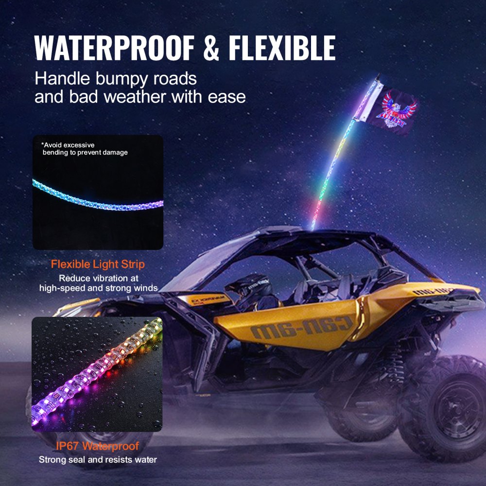 AMITOOLS 1 PC 4 FT Whip Light, APP & RF Remote Control Led Whip Light, Waterproof 360° Spiral RGB Chasing Lighted Whips with 2 Flags, for UTVs, ATVs, Motorcycles, RZR, Can-am, Trucks, Off-road, Go-karts