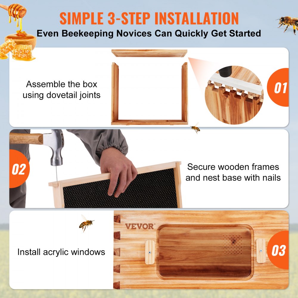 AMITOOLS Bee Hive Deep Box Starter Kit, 100% Beeswax Coated Natural Cedar Wood, Langstroth Beehive Kit with 10 Frames and Foundations, Transparent Acrylic Bee Windows for Beginners and Pro Beekeepers