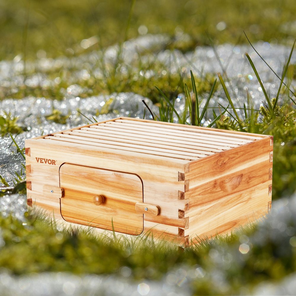 AMITOOLS Bee Hive Deep Box Starter Kit, 100% Beeswax Coated Natural Cedar Wood, Langstroth Beehive Kit with 10 Frames and Foundations, Transparent Acrylic Bee Windows for Beginners and Pro Beekeepers