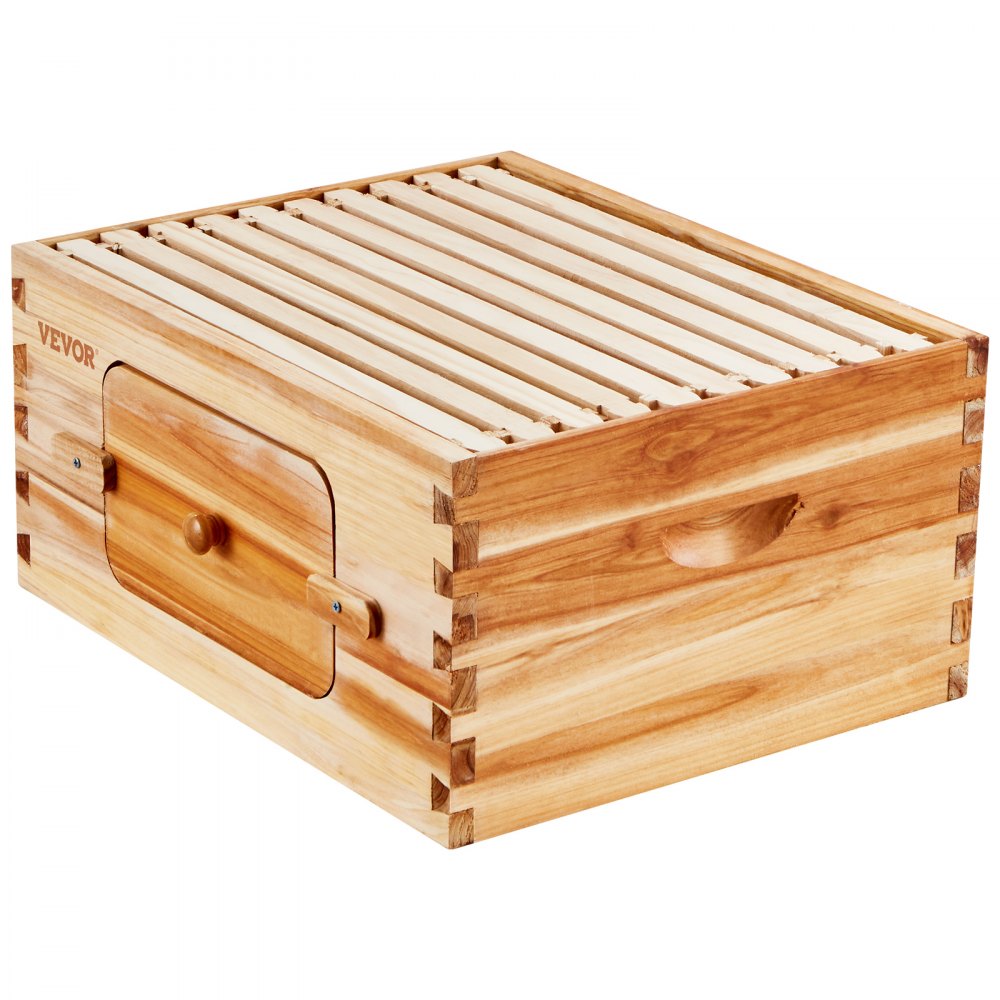 AMITOOLS Bee Hive Deep Box Starter Kit, 100% Beeswax Coated Natural Cedar Wood, Langstroth Beehive Kit with 10 Frames and Foundations, Transparent Acrylic Bee Windows for Beginners and Pro Beekeepers