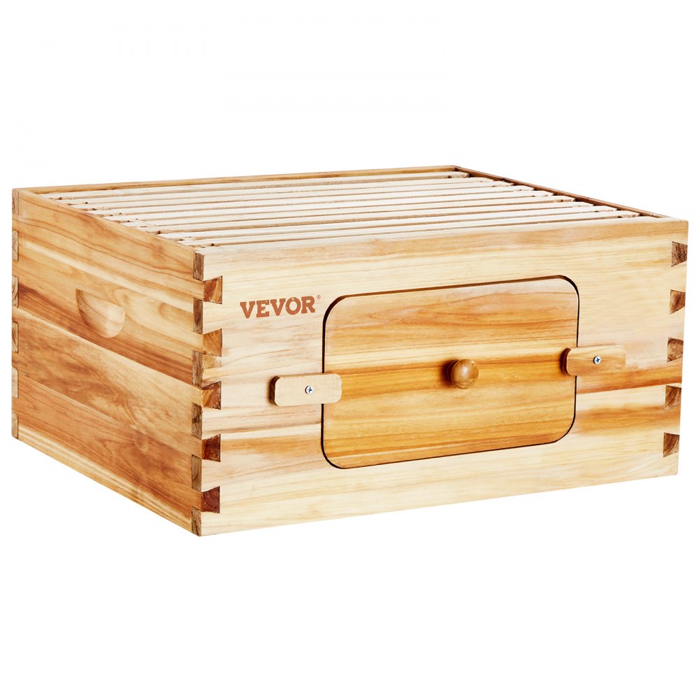 AMITOOLS Bee Hive Deep Box Starter Kit, 100% Beeswax Coated Natural Cedar Wood, Langstroth Beehive Kit with 10 Frames and Foundations, Transparent Acrylic Bee Windows for Beginners and Pro Beekeepers