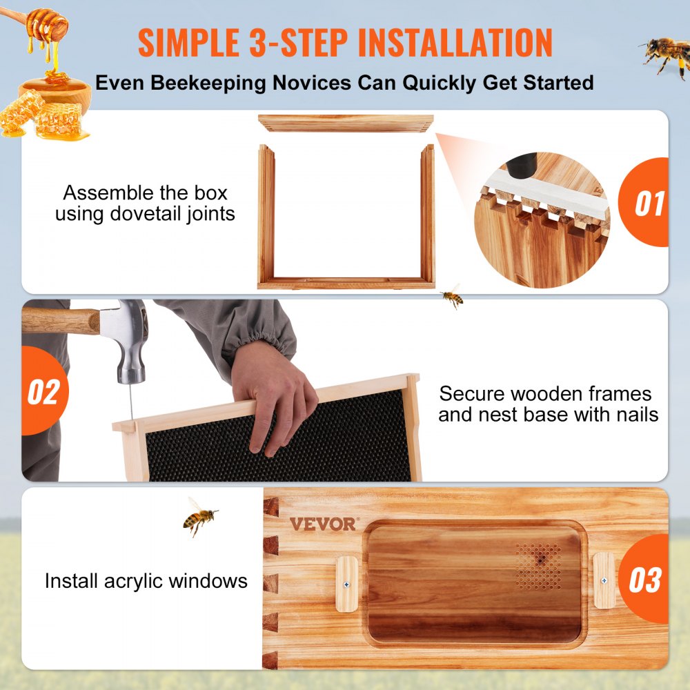 AMITOOLS Bee Hive 20 Frame Bee Hives Starter Kit, Beeswax Coated Cedar Wood, 1 Deep + 1 Medium Bee Boxes Langstroth Beehive Kit, Transparent Acrylic Windows with Foundations for Beginners Pro Beekeepers